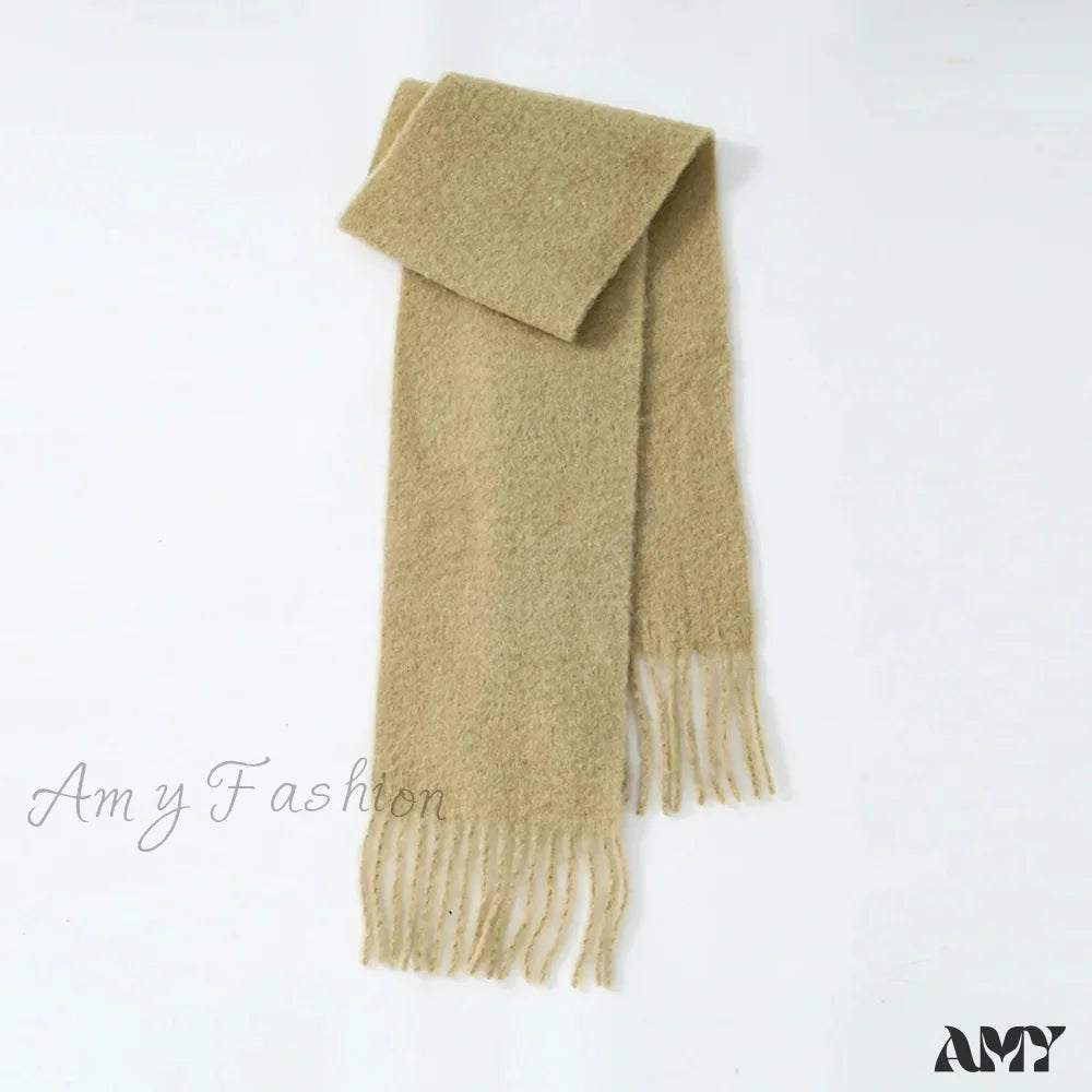 80% Wool Blend Solid Color Tassel Scarf For Women - Autumn Winter Collection Light Khaki