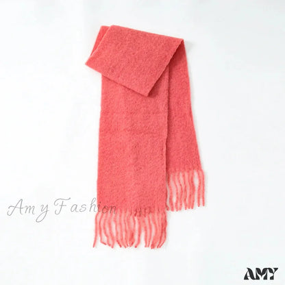 80% Wool Blend Solid Color Tassel Scarf For Women - Autumn Winter Collection Red Pink