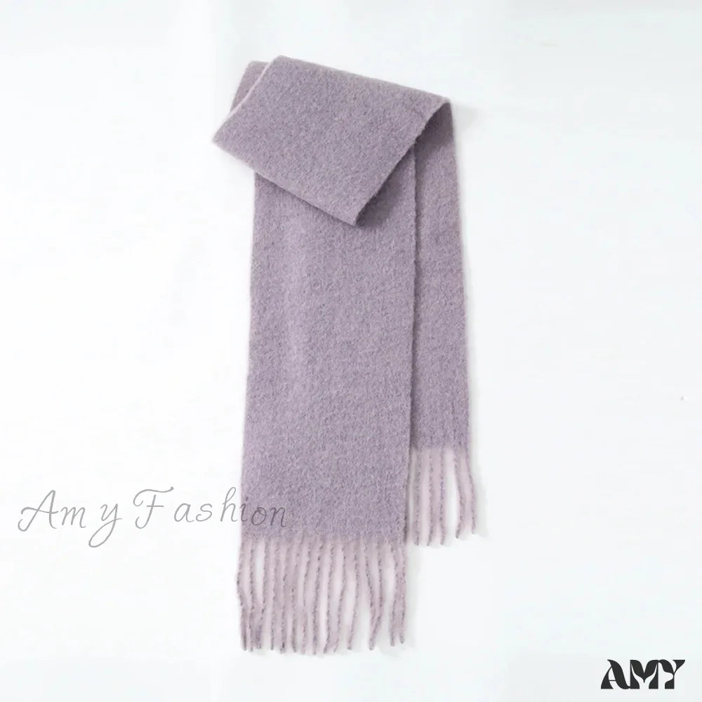 80% Wool Blend Solid Color Tassel Scarf For Women - Autumn Winter Collection Violet