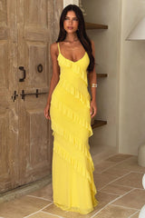 V Neck Open Back Side Split Wave Slim Slip Dress