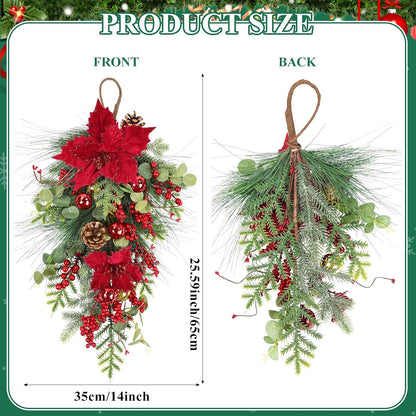 Set of 2 Christmas Teardrop Swags with Red Berries, Poinsettia