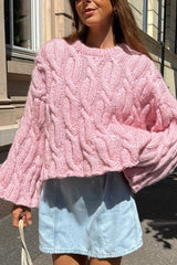Pink Slouchy Cable-Knit Short Sweater