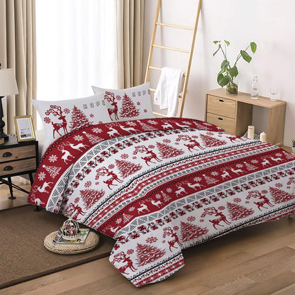 Christmas Queen Size Duvet Cover Set - Red Deer Tree Snowflake Pattern - Soft Microfiber - Zipper Closure - New Year Holiday - 90" x 90"