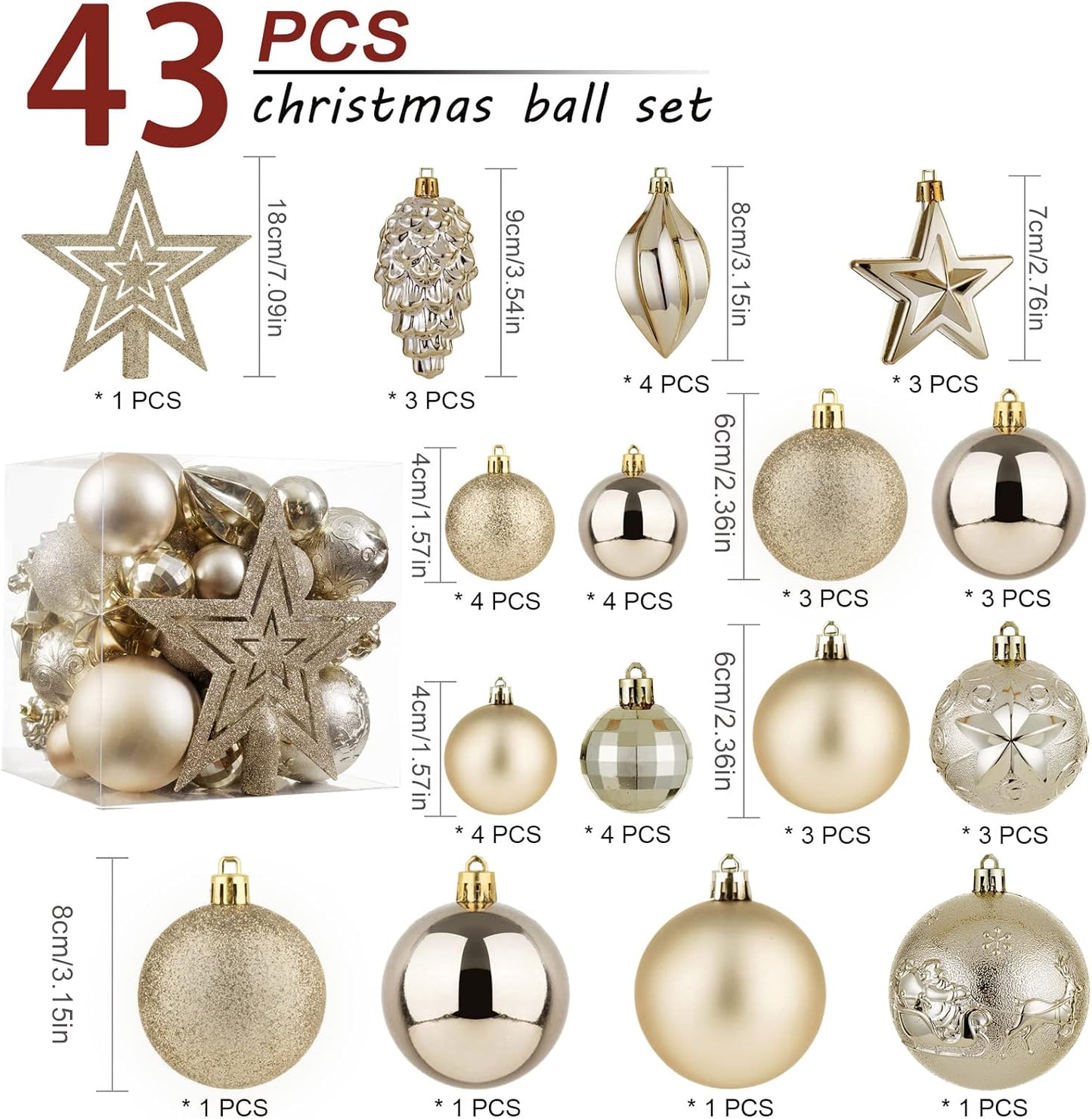 Champagne Shatterproof Christmas Ball Ornaments - Set of 43 for Xmas Holiday Party and Home Decoration