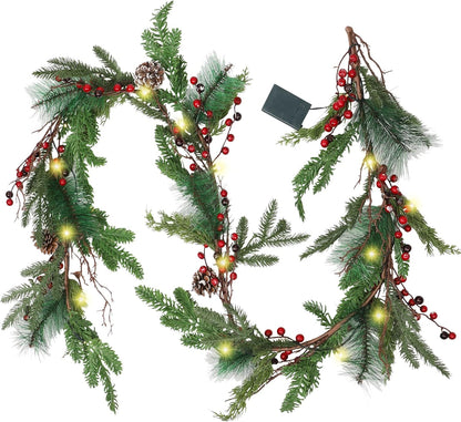 Pre-lit Artificial Christmas Garland with LED Lights, Battery Powered - Pine Cones, Red Berries, Pine Needles - Fireplace Mantle Holiday Decorations