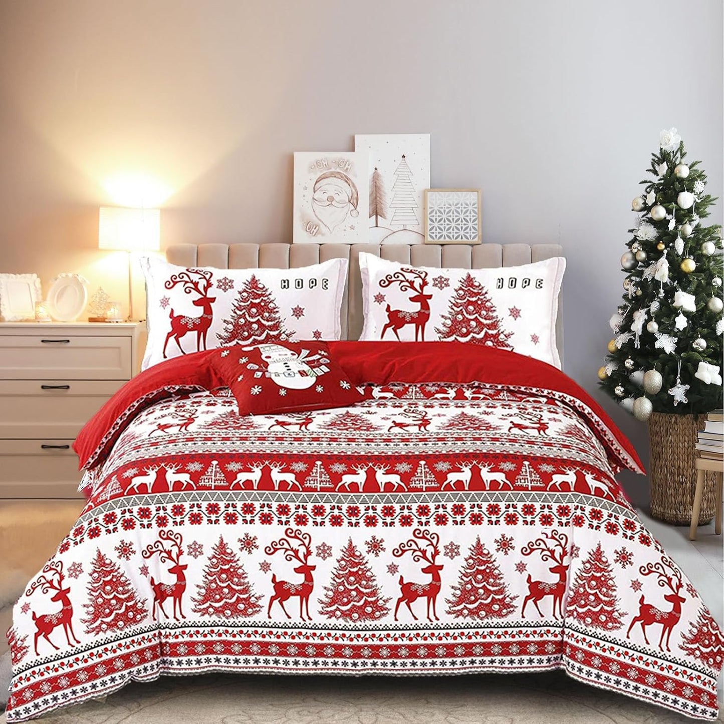 Christmas Queen Size Duvet Cover Set - Red Deer Tree Snowflake Pattern - Soft Microfiber - Zipper Closure - New Year Holiday - 90" x 90"