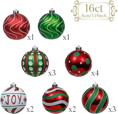 Shatterproof Christmas Ornaments Set - 16ct Red Green White Ball Decorations - 3.15 Inch Hanging Ornaments for Xmas Trees Holiday Party Decor