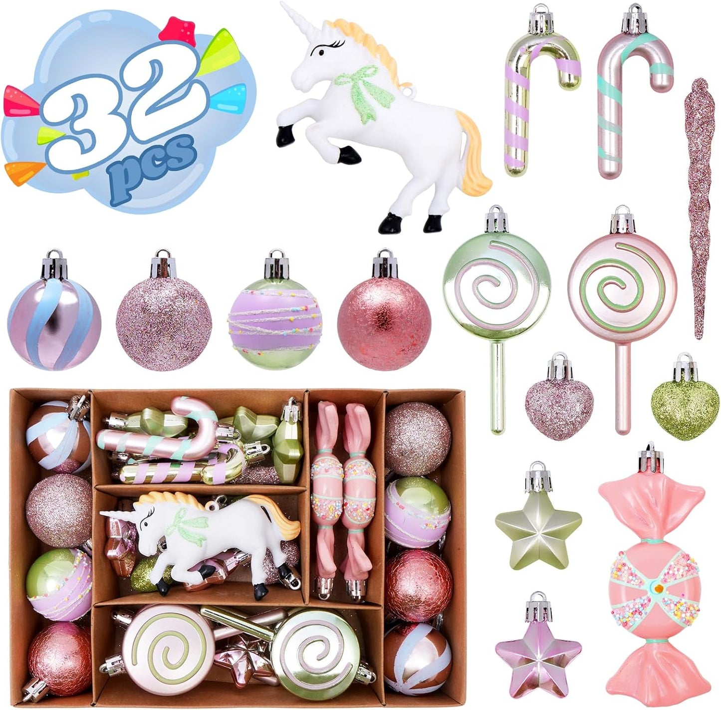 Macaron Christmas Ball Ornaments Set - Shatterproof Cute Donut Lollipop Candy Hanging Decor for Tree Holiday Indoor