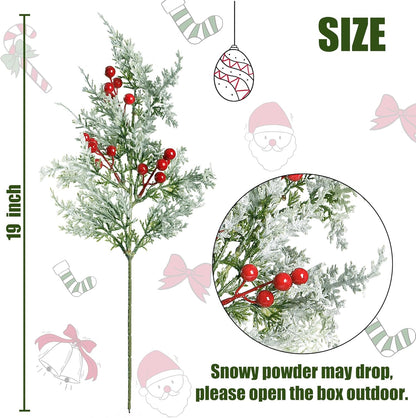 Snowy Artificial Pine Branches with Red Berries - 6 PackFrosted Faux Cedar Spray - 19'' Greenery PicksChristmas Cedar Stems for DIY Garland and WreathXmas Embellishing Garden and Home Decoration