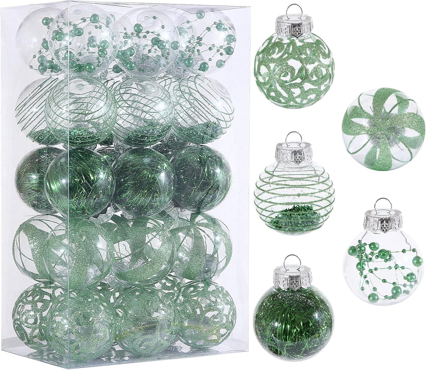 24ct Clear White Plastic Shatterproof Christmas Ornaments Set with Delicate Stuffed Decorations