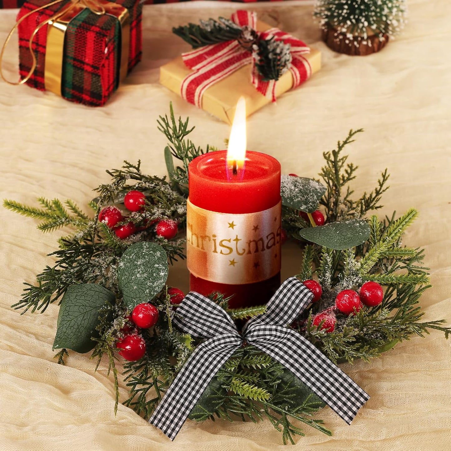 Christmas Candle Rings with Artificial Snow Buffalo Bow Leaves Berries - Set of 4