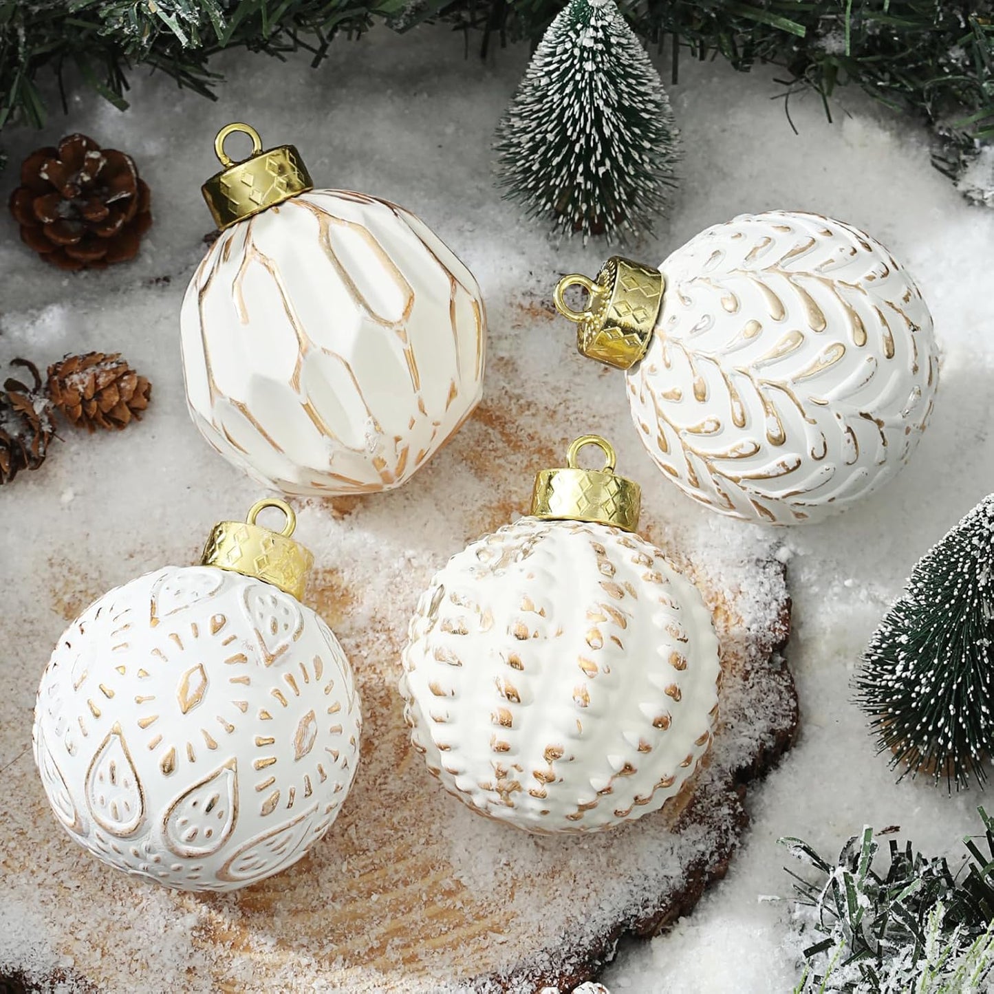 White and Gold Rustic Christmas Ball Ornaments - Set of 12