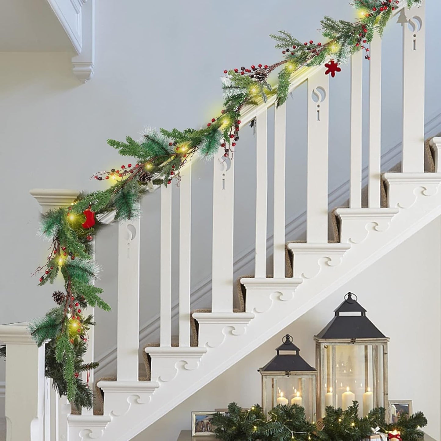 Pre-lit Artificial Christmas Garland with LED Lights, Battery Powered - Pine Cones, Red Berries, Pine Needles - Fireplace Mantle Holiday Decorations