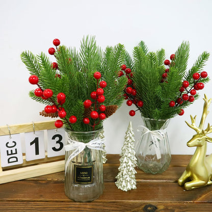 Artificial Pine Branches and Red Holly Berries - Set of 70