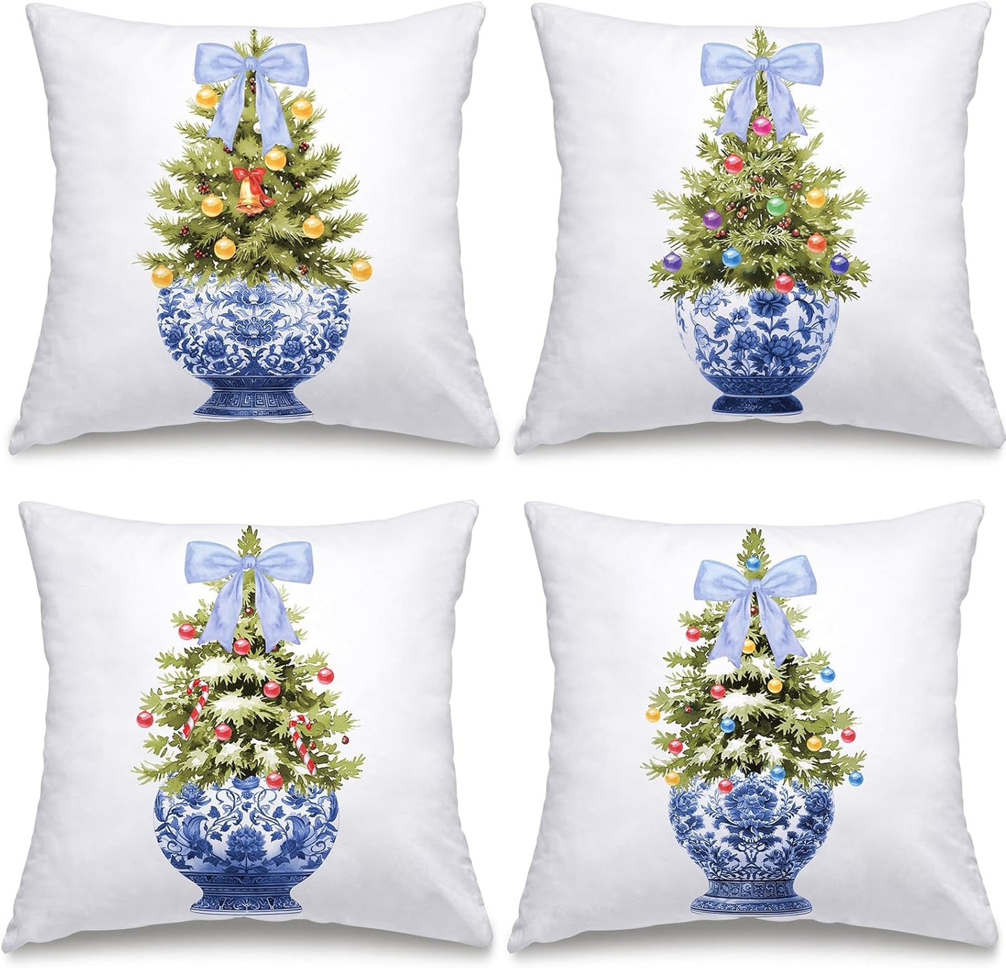 Chinoiserie Blue Christmas Tree Throw Pillow Covers - Set of 4