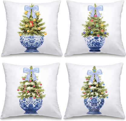 Chinoiserie Blue Christmas Tree Throw Pillow Covers - Set of 4