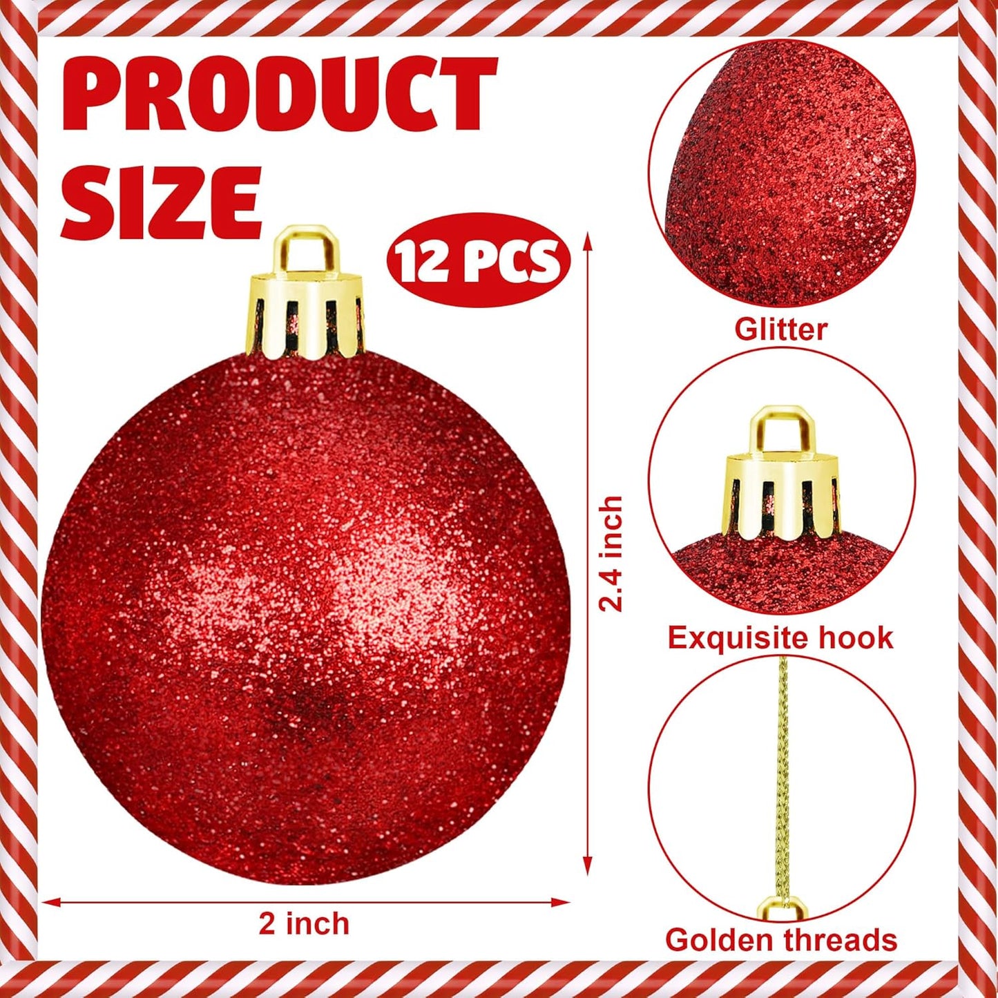 12 Pcs Shatterproof Christmas Red Ball Ornaments - 2.4 Inch Tree Decorations