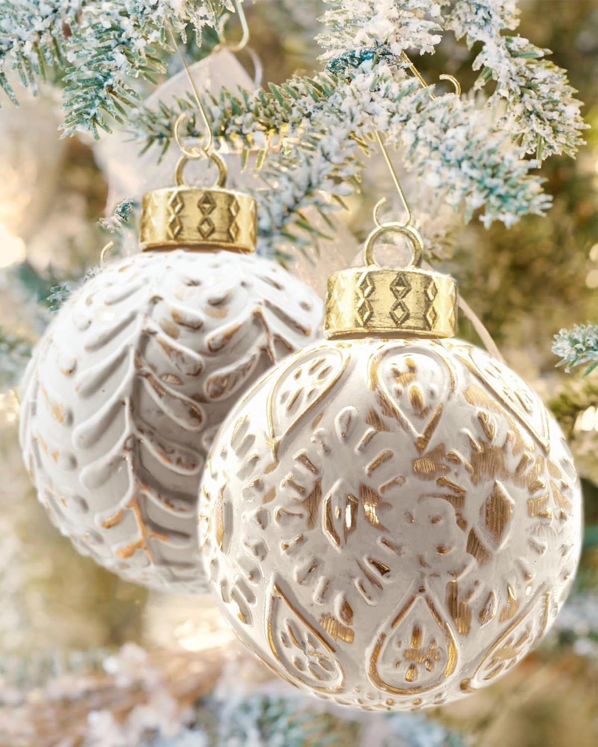 White and Gold Rustic Christmas Ball Ornaments - Set of 12