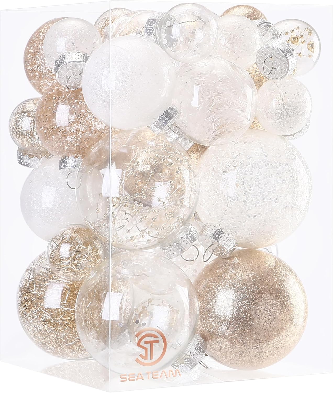 24 Count Shatterproof Clear Plastic Christmas Ball Ornaments with Gold Decorations