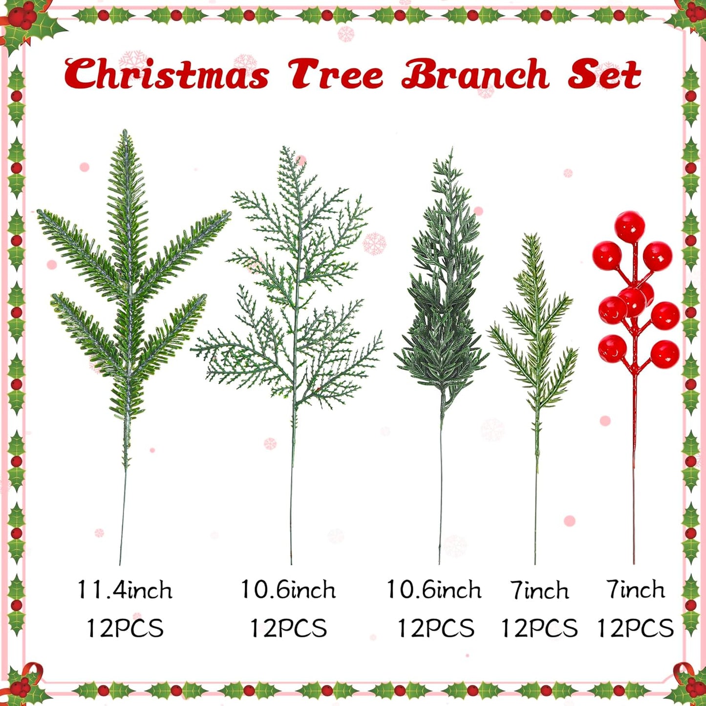 Artificial Pine Needles Branches Christmas Greenery Stems Picks with Red Holly Berries Flowers - Set of 60