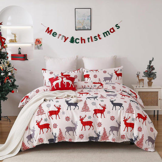 Reindeer Snowflakes King Size Duvet Cover Set - 3 Piece