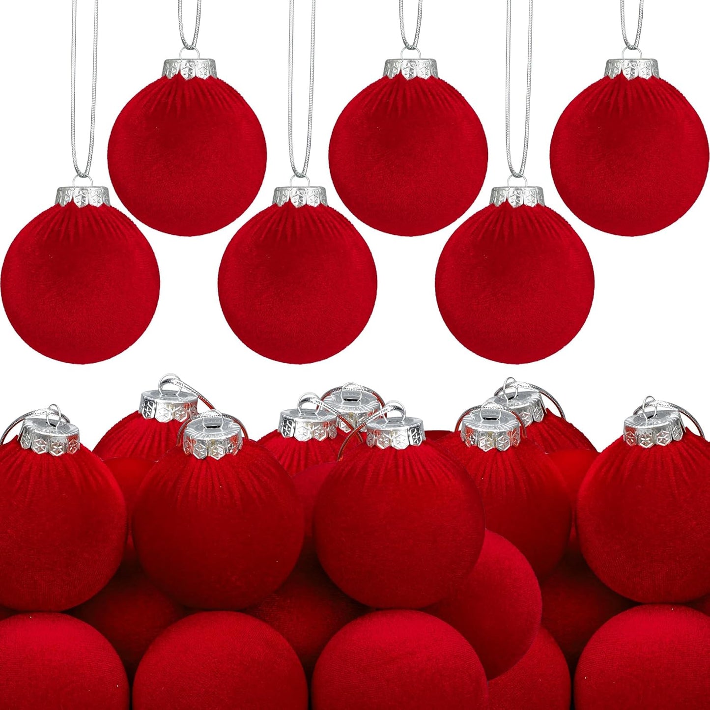 Red Velvet Christmas Ball Ornament Set - Flocked Hanging Balls for Tree - Shatterproof Plastic Holiday Decor