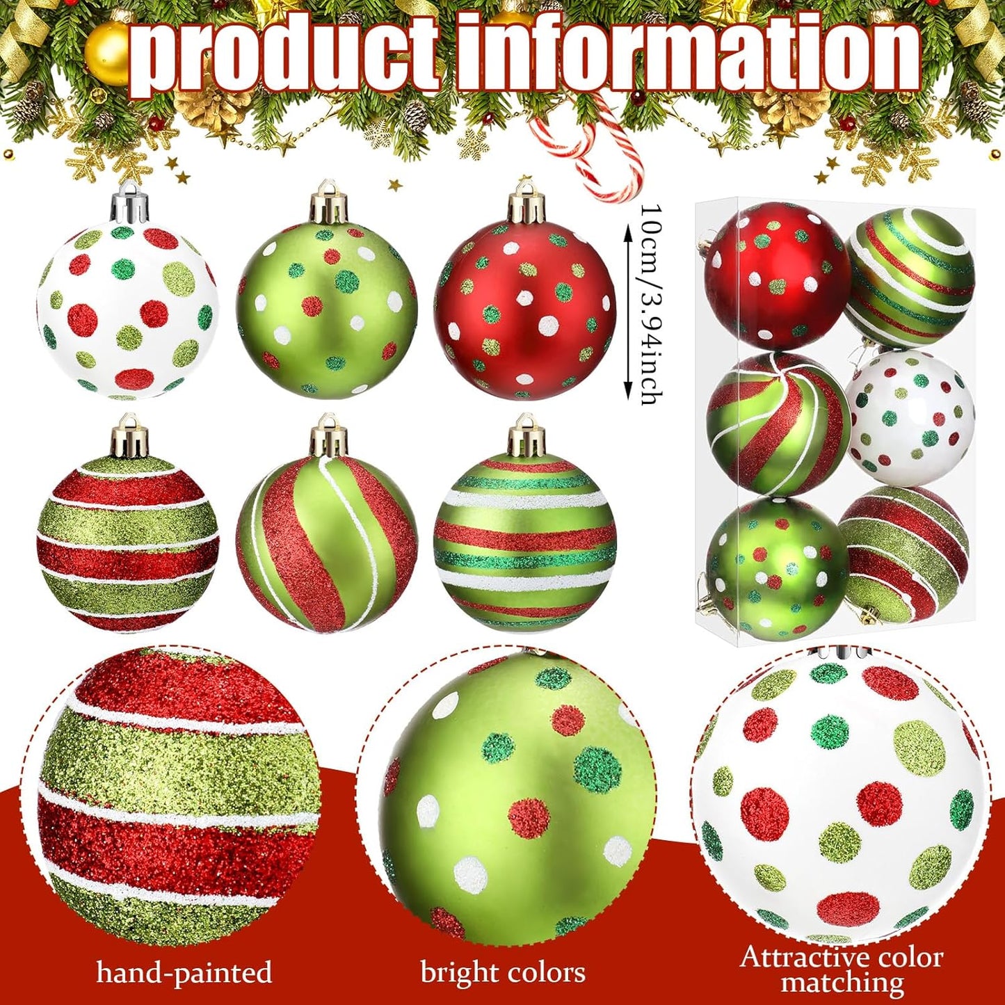 Christmas Tree Ornaments - Glitter Red Green White Hanging Ball Large Plastic Elf Balls Swirl Candy Cane Peppermint Big Pendants Baubles for Holidays Xmas Tree Decoration