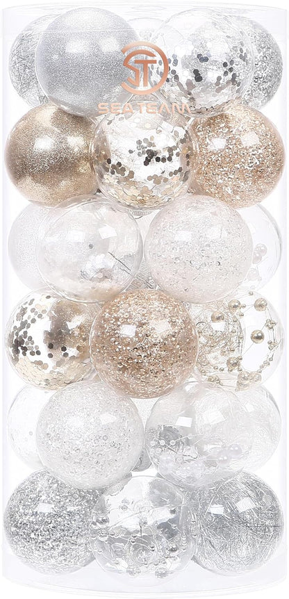 24 Count Shatterproof Clear Plastic Christmas Ball Ornaments with Gold Decorations