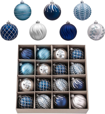 Navy Blue and Silver Shatterproof Christmas Ornaments Set - 16ct