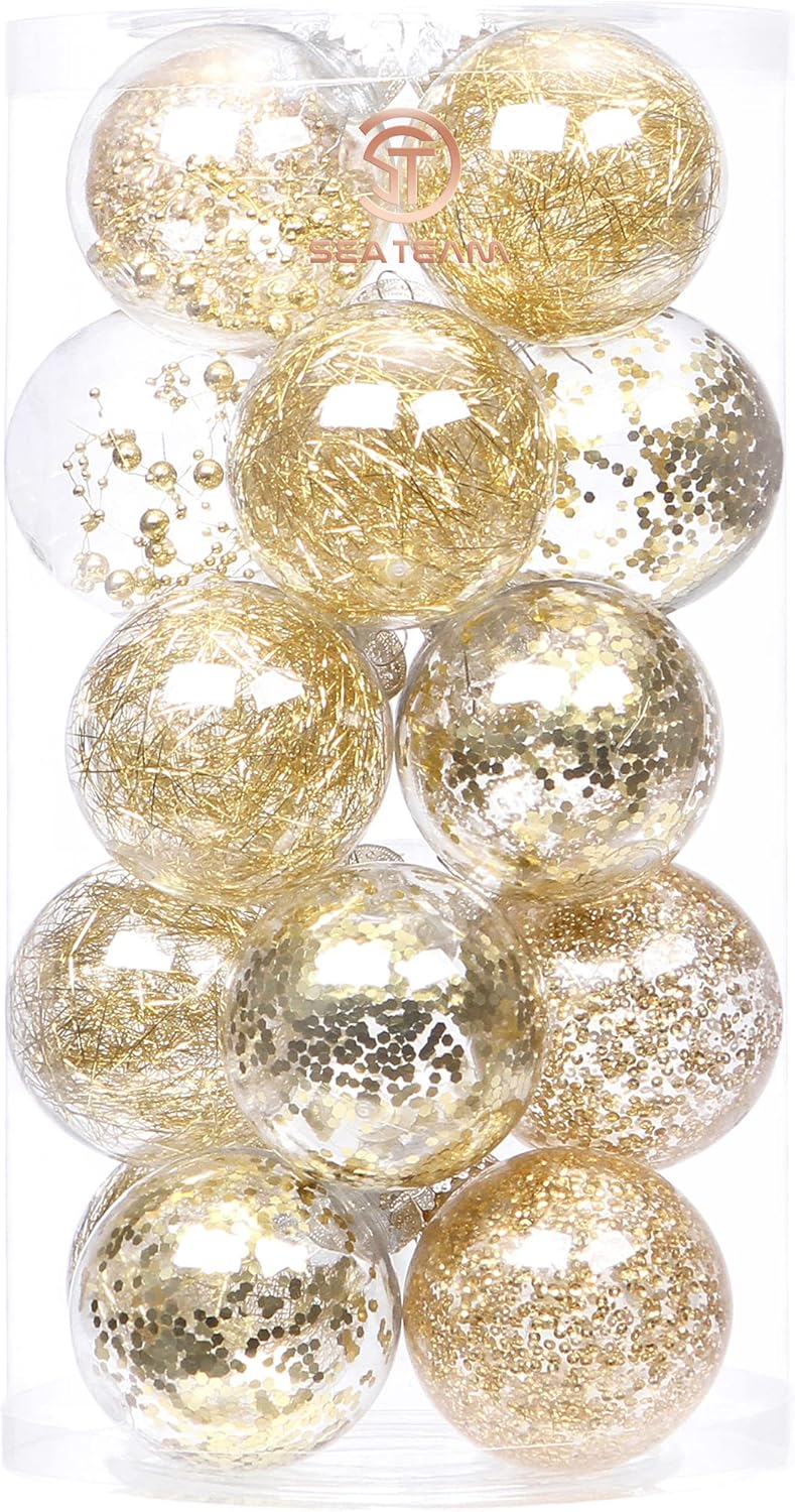 24 Count Shatterproof Clear Plastic Christmas Ball Ornaments with Gold Decorations