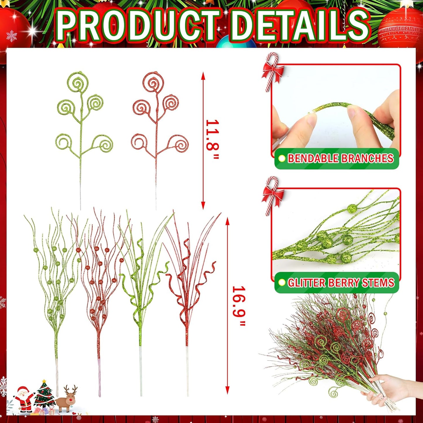 Christmas Tree Picks Decorations - Red Green Glitter Curly Berry Stems - 48PCS