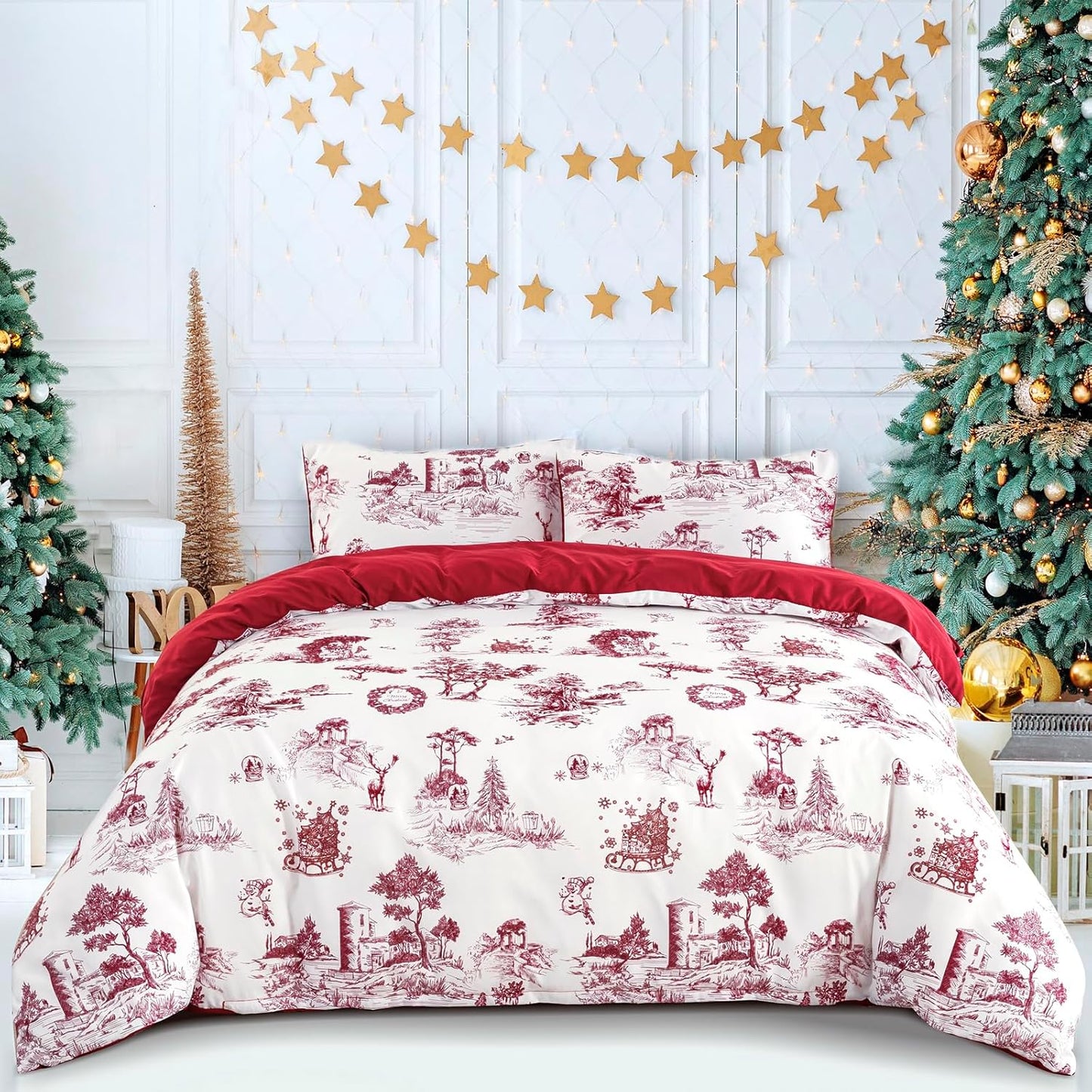 Reindeer Snowflakes King Size Duvet Cover Set - 3 Piece