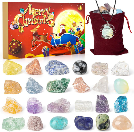 Natural Crystals & Minerals Advent Calendar with Necklace and Storage Bag