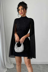 Shiny Printed High Neck Puff Sleeve Bodycon Party Dress