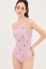 Cute Backless Bow Embroidered One Piece Swimwear