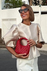French Style Short Satin Balloon Sleeve Blouse