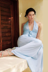 Elegant Blue Halter Deep V Backless Slit 3D Floral Party Dress