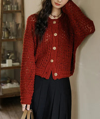 Wool Yarn Vintage Hollow Cardigan Retro Red / One Size Cardigan-241208