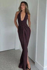 Sexy Solid Backless Sleeveless Deep V Halter Party Dress