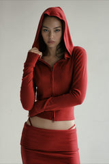 Carmine Zip-Up Embroidered Crop Hoodie
