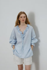 Linen Ruffle Tie Front Blouse