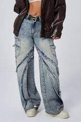 Frayed Patchwork Wide-Leg Loose Denim Jeans