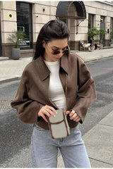 Collared Zipper Wool Loose Short Jacket