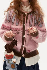 Pink Fair Isle Retro Slouchy Soft Knit Cardigan