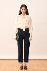 Shiny Ribbon-Tie Elegant Romantic Blouse