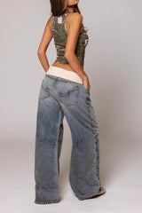 Y2K Retro Rolled-Waist Washed Blue Jeans