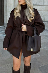 Dark Brown Short Loose Tie Waist Elegant Wool Coat