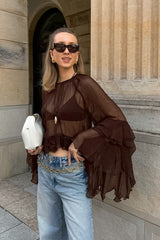 Sheer Ruffle Cape Sleeve Blouse