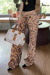 Low-Rise Washed Leopard Wide-Leg Retro Jeans
