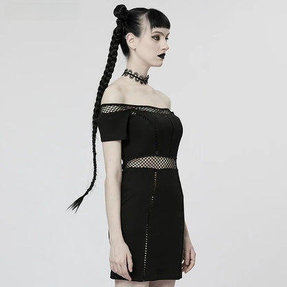 Punk Horizontal Neck Sexy Slim Waist Perspective Mesh Spliced Charm Summer Gothic Dress